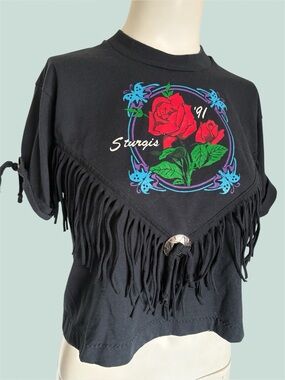 Vintage 1991 Sturgis Biker Motorcycle Rally Cropped Fringed Rose Graphic Shirt